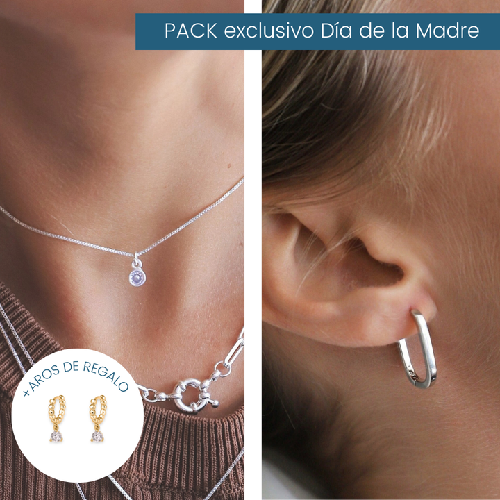 Pack Especial Mamá - Collar Punto de Luz + Argollas Rectangle Silver
