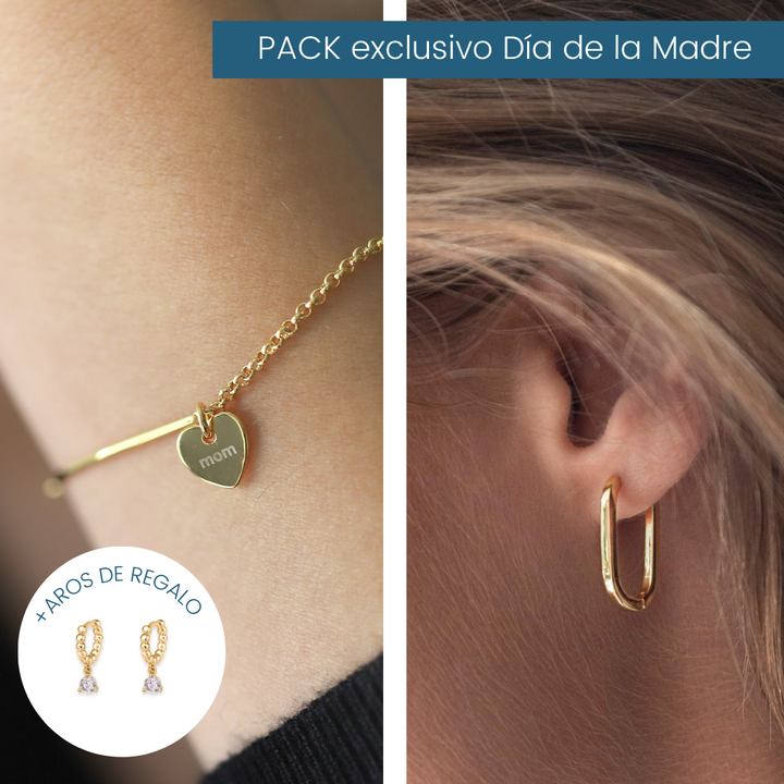 Pack Especial Mamá - Pulsera Corazón + Argollas Rectangle Gold