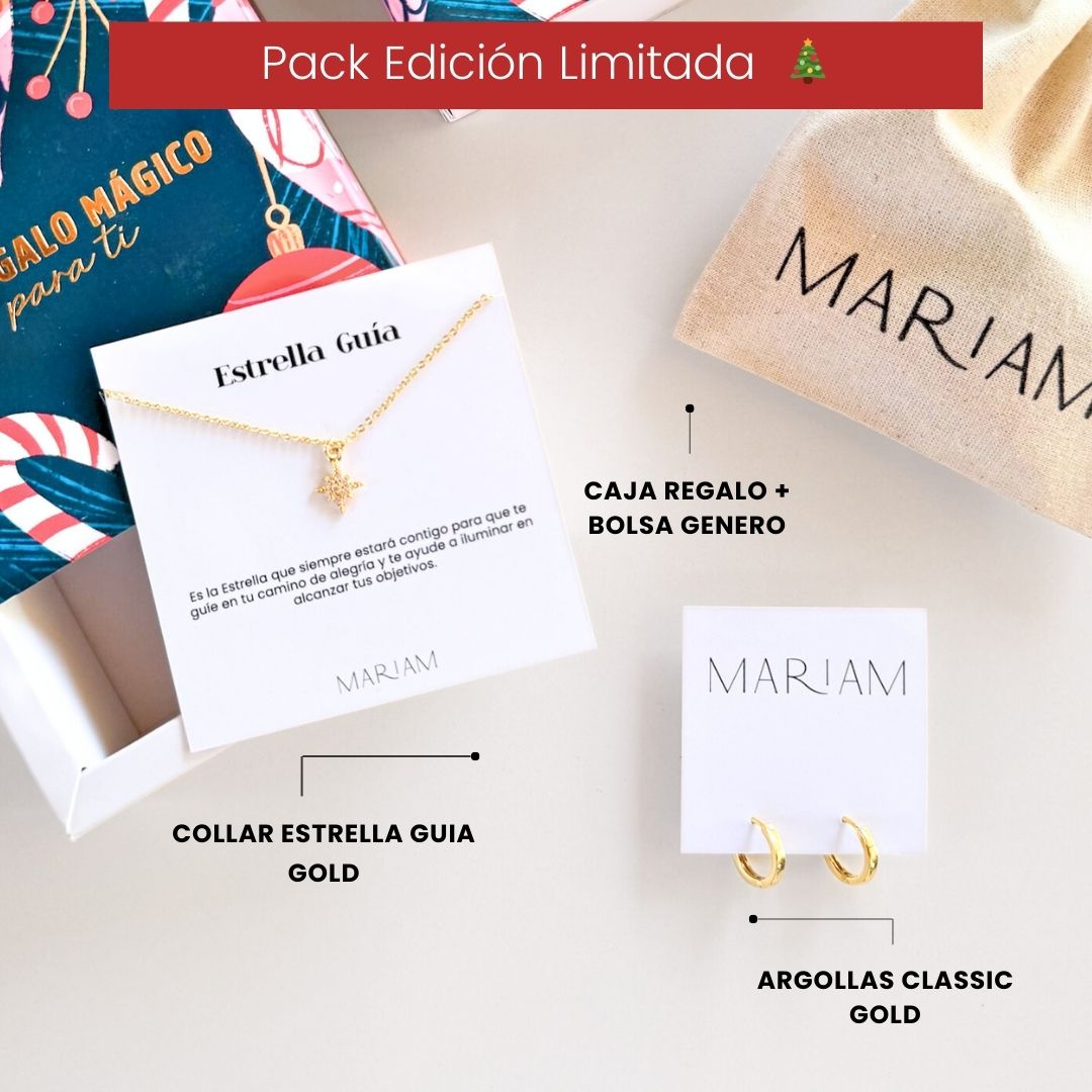 Pack Collar Estrella Guia Brilla + Argollas Classic Gold