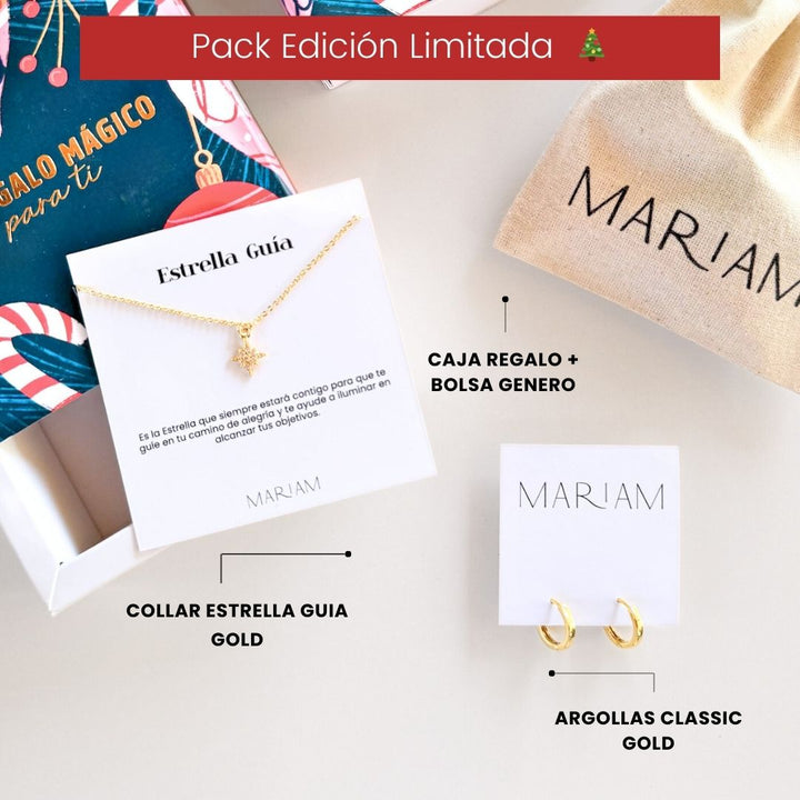 Pack Collar Estrella Guia Brilla + Argollas Classic Gold