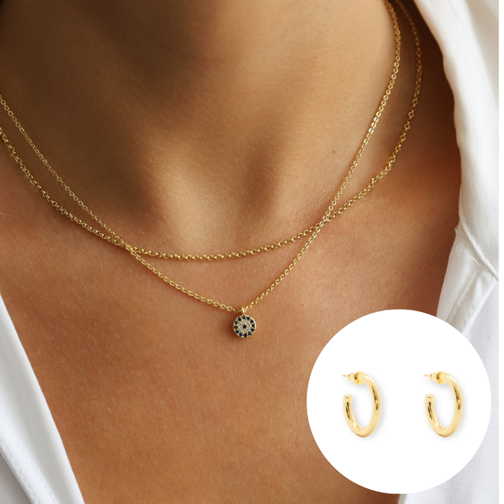 Pack Collar Mini Ojo Turco + Argollas Liss Gold